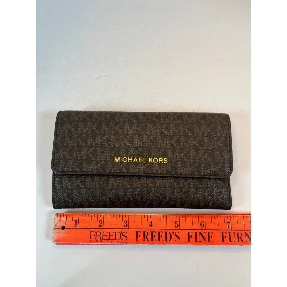 Michael Kors Fulton Flap Continental Wallet Brown Logo Signature Monogram Gold